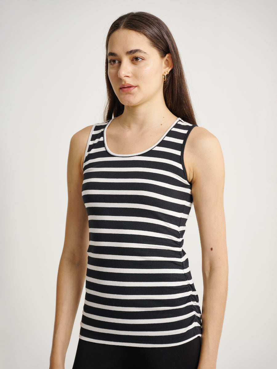 Side Ruched Sleeveless Black/White Strips Maternity Singlet