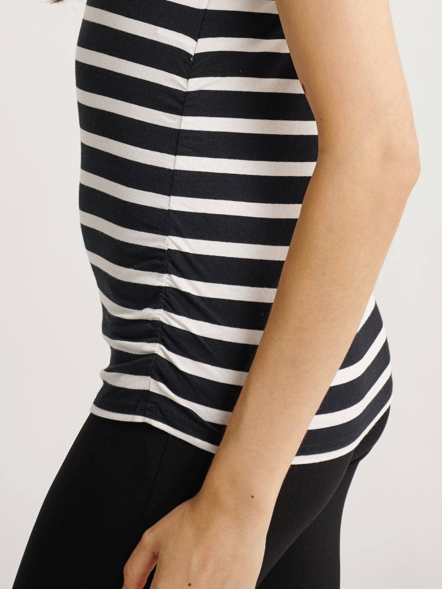 Side Ruched Sleeveless Black/White Strips Maternity Singlet