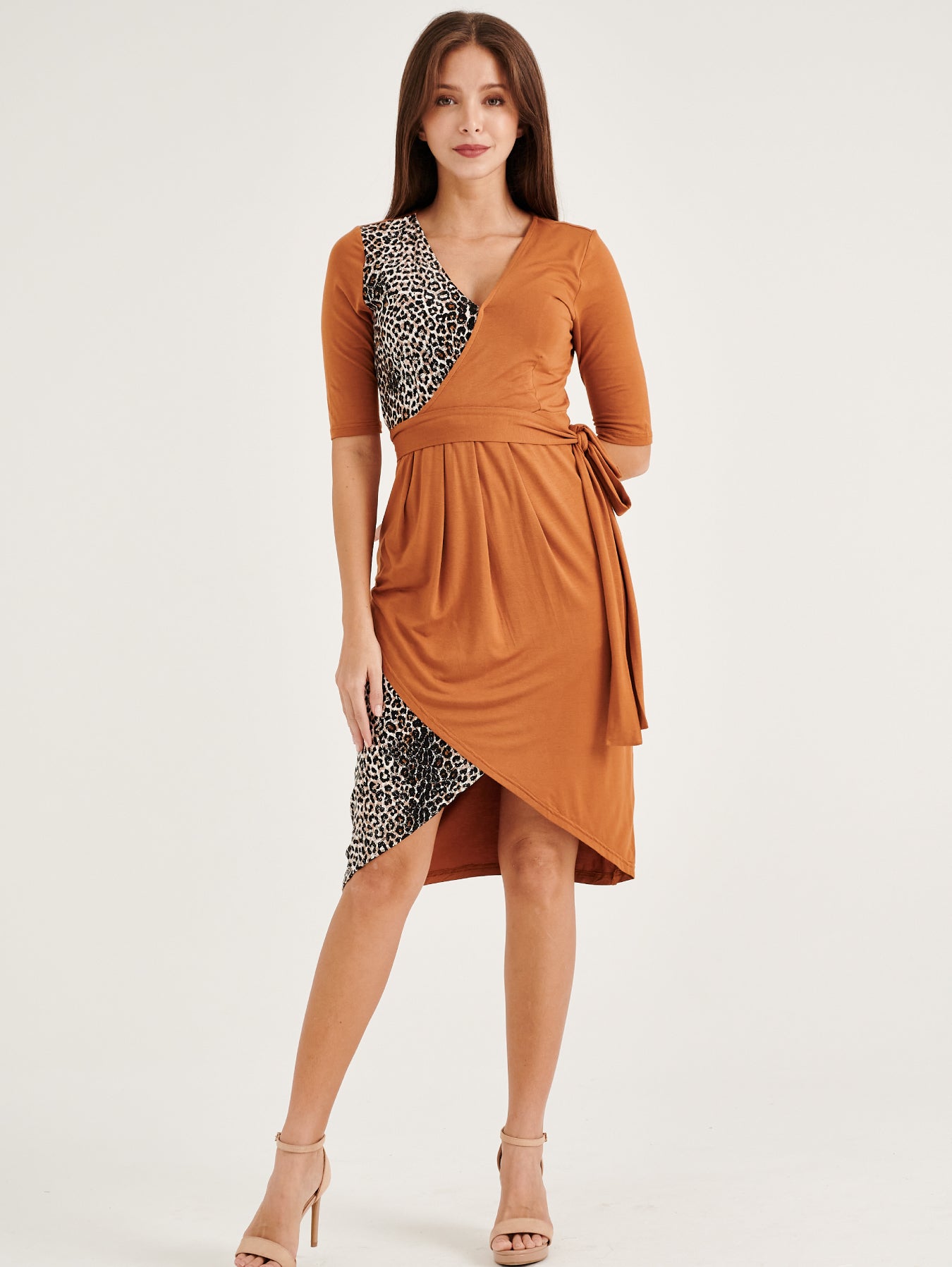 V-Neck Rib-knit Tie Nursing Brown with Leopard Printed Bodycon Dress