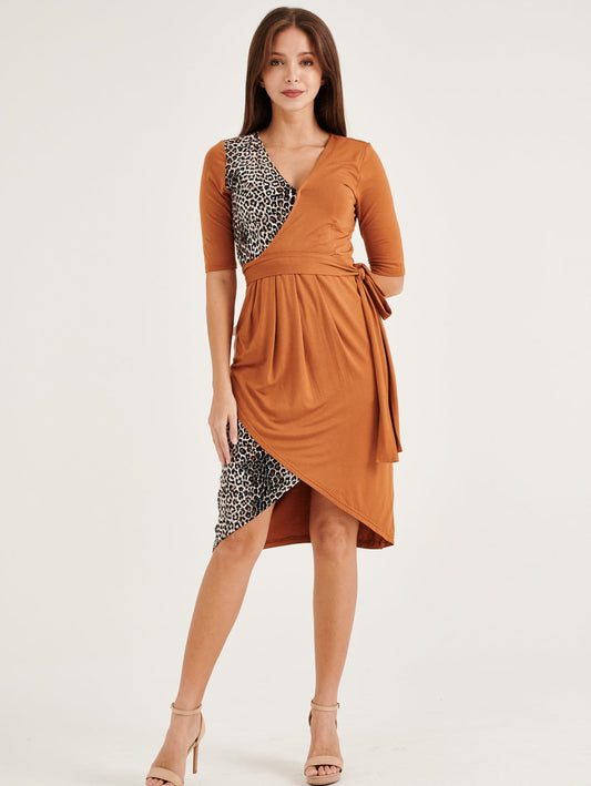 V-Neck Rib-knit Tie Nursing Brown with Leopard Printed Bodycon Dress